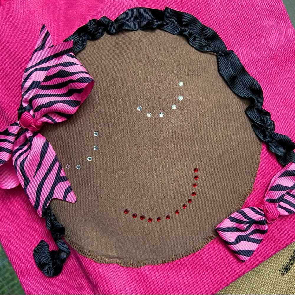 New handmade brown-faced girl tote bag in hot pink.